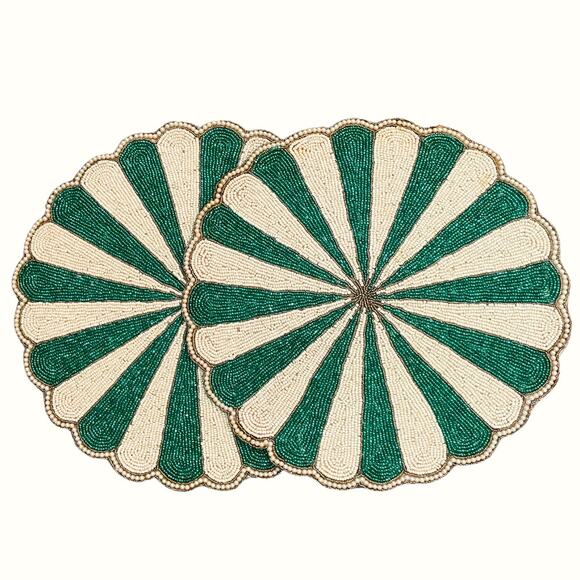 TIRAMISU HANDMADE Glamorous Green and Cream Glass Beaded Placemat Set of (2) NEW - Picture 1 of 9
